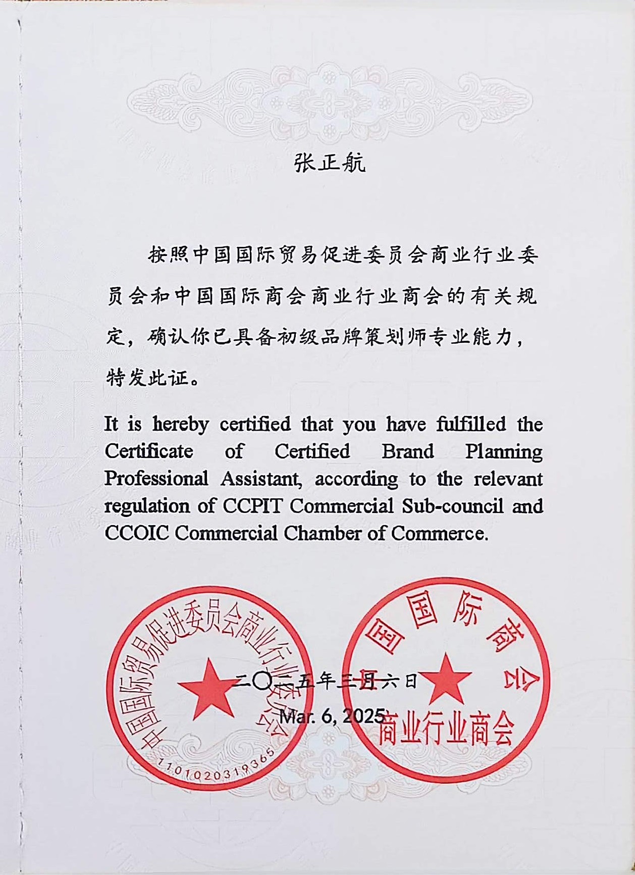 初级品牌策划师专业能力认证证书